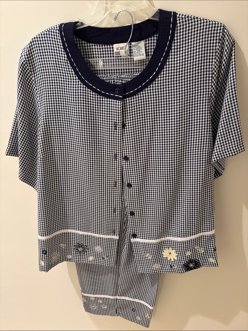 Koret Navy and White Gingham Button-Front Kids Top with Floral Hem